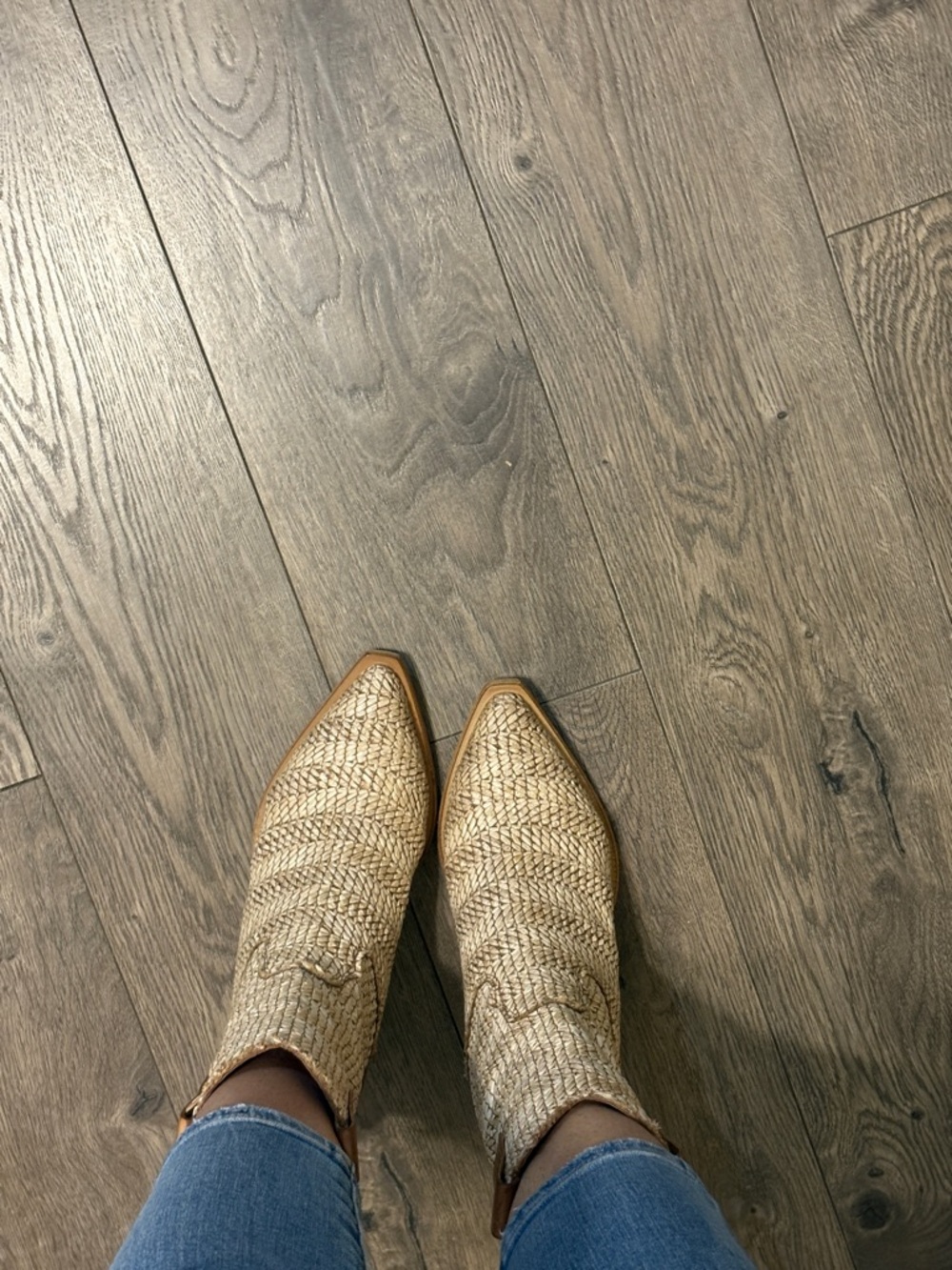 Woven Pointed-Toe Ankle Booties in Beige
